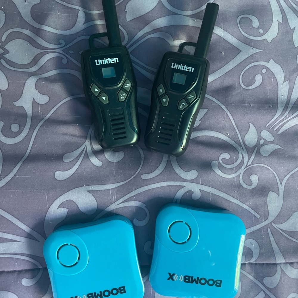 Uniden Black Walkie Talkies with Blue BoomBox Speakers